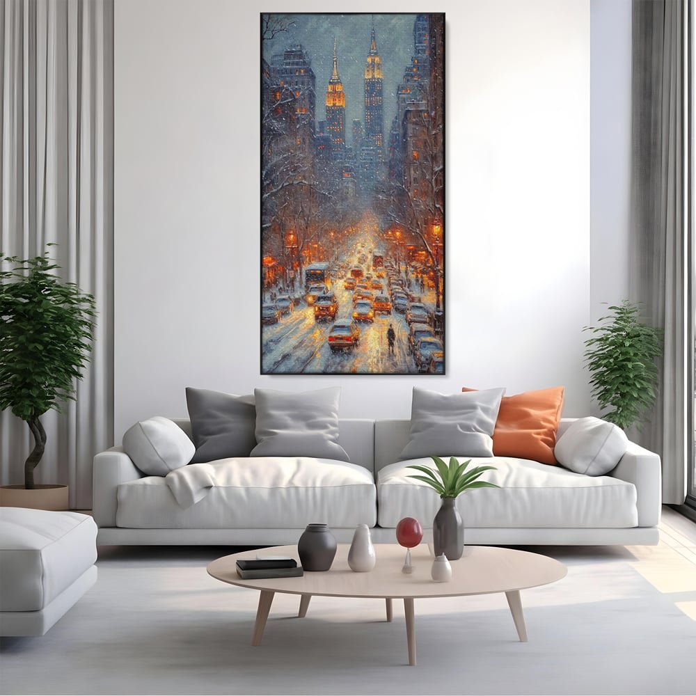 Tablou canvas cu pictura cu bulevard inzapezit si masini, in rama de aluminiu negru, pe perete intr-un living